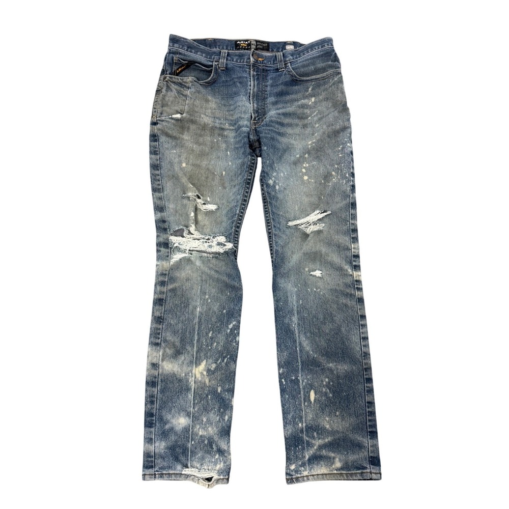 Ariat Rebar M4 Relaxed Bootcut Jeans Blue Distressed Paint Splatter Mens 35W